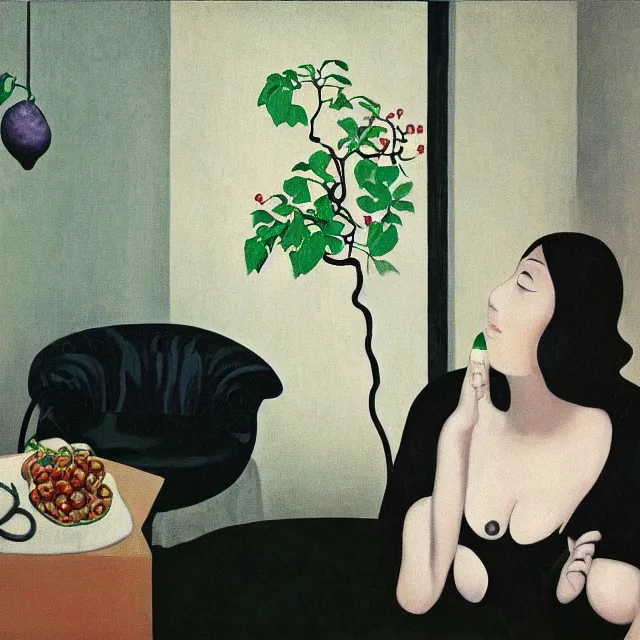 Prompt: a female pathology student in her apartment, wild berry vines, pig, black walls, ikebana, pear, snakes, black armchair, sculpture, acrylic on canvas, surrealist, by magritte and monet