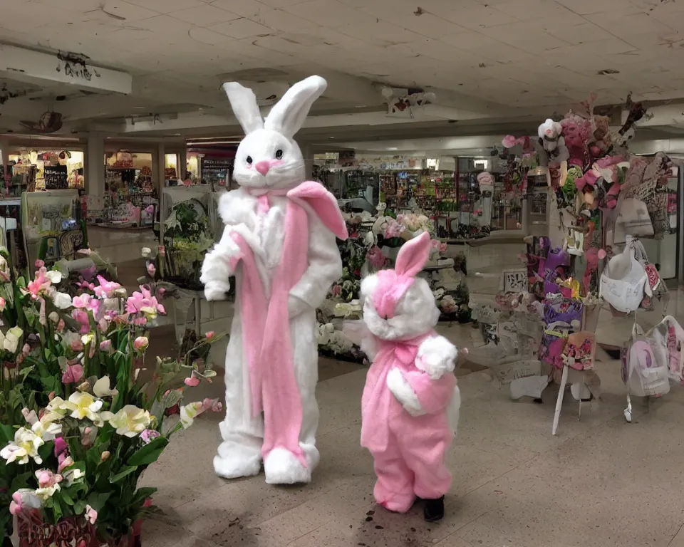 Prompt: the Easter Bunny at a very old mall, horror