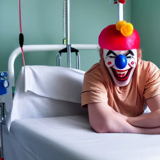 Image similar to confused laughing clown lying in hospital bed with wrist restraints on, restraint fabric straps attached to hospital bed, photograph, 8 k