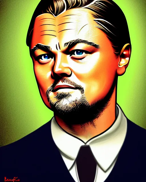 Image similar to painting portrait of leonardo dicaprio as a carp fish, cartoon, warm lighting, leonardo dicaprio has an carp fish body, movie poster, illustration by bartek fedyczak, erak note, tooth wu, neil richards, kan liu, siwoo kim, jisu choe, trending on art station