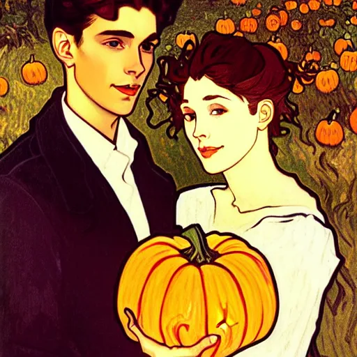 Image similar to painting of handsome young delicate beautiful jeffrey in his 2 0 s with brown hair and gorgeous rina together at the jack o'lantern halloween party holding pumpkins, elegant, clear, painting, stylized, art, art by alphonse mucha, vincent van gogh, egon schiele,