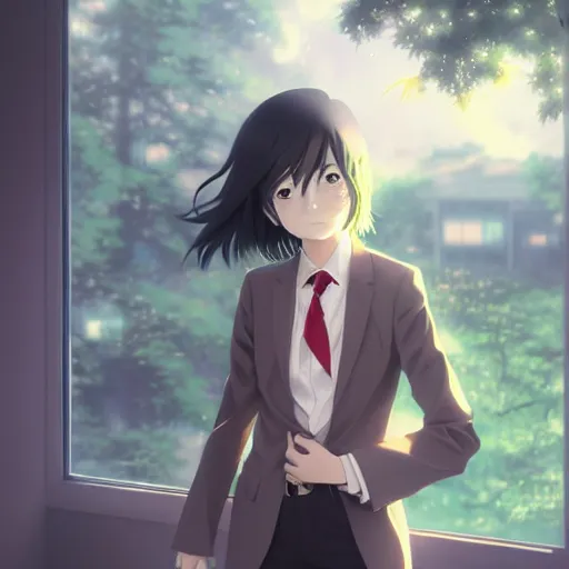 Prompt: tomoko kuroki watamote portrait fantastically detailed green eyes green eyes green eyes beige suit red tie by greg rutkowski makoto shinkai kyoto animation ultrahd award winning 4 k 8 k digital art