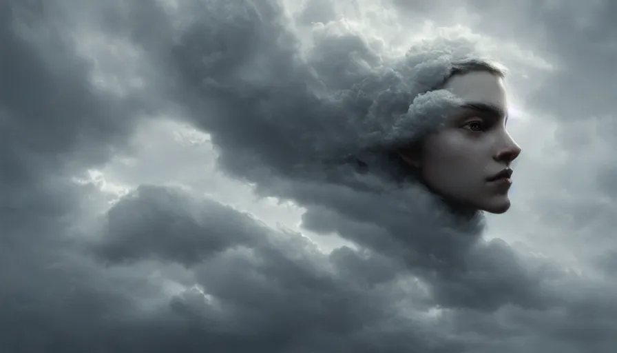 Image similar to face in the clouds, face made out of clouds, dramatic, intricate, elegant, highly detailed, digital painting, artstation, concept art, smooth, sharp focus, illustration, art by gustave dore, octane render