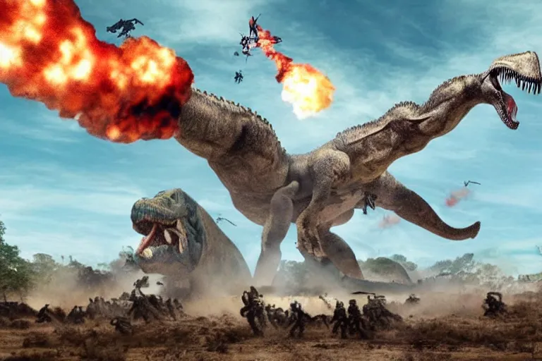 Image similar to the us military attacking an enormous dinosaur, dramatic angle