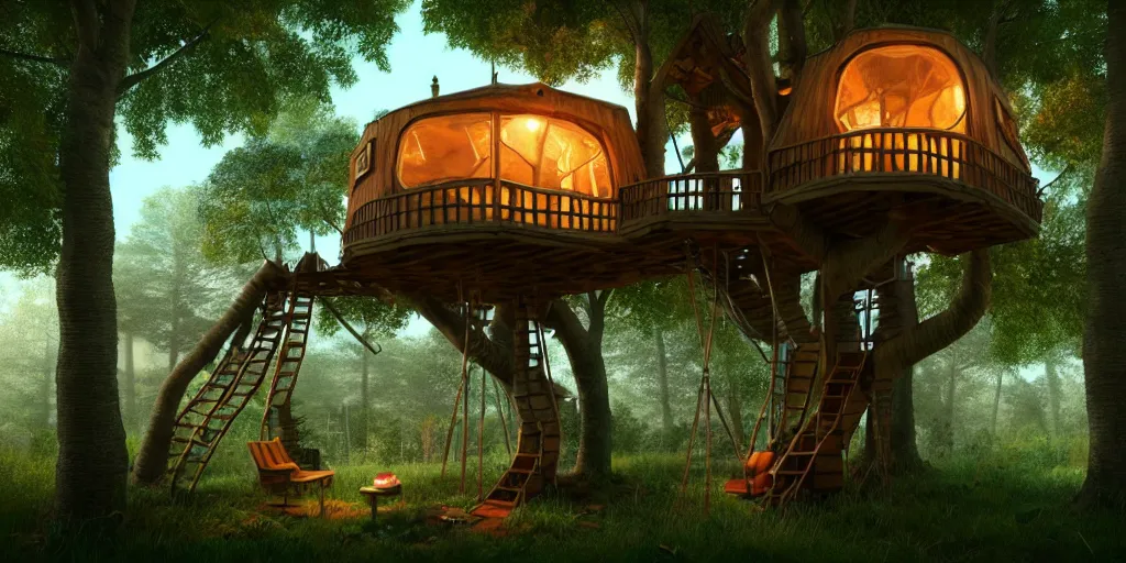 Image similar to in a cardboard treehouse, highly detailed, 8 k, hdr, award - winning, octane render, artstation, volumetric lighting