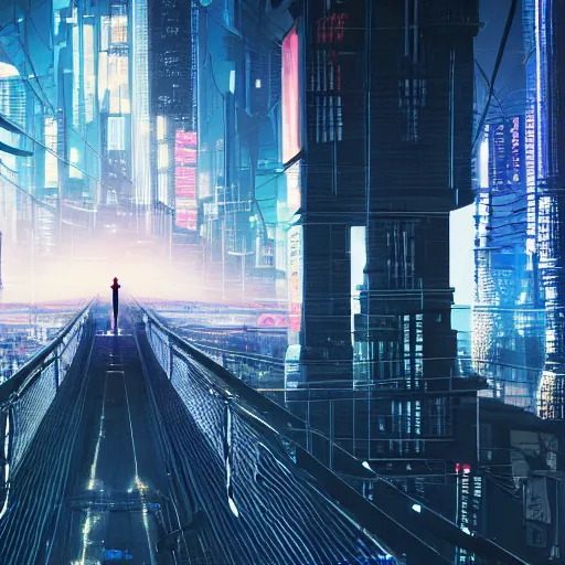 Image similar to a man standing on top of a bridge over a city, cyberpunk art by vincent lefevre, behance contest winner, altermodern, cityscape, synthwave, matte painting