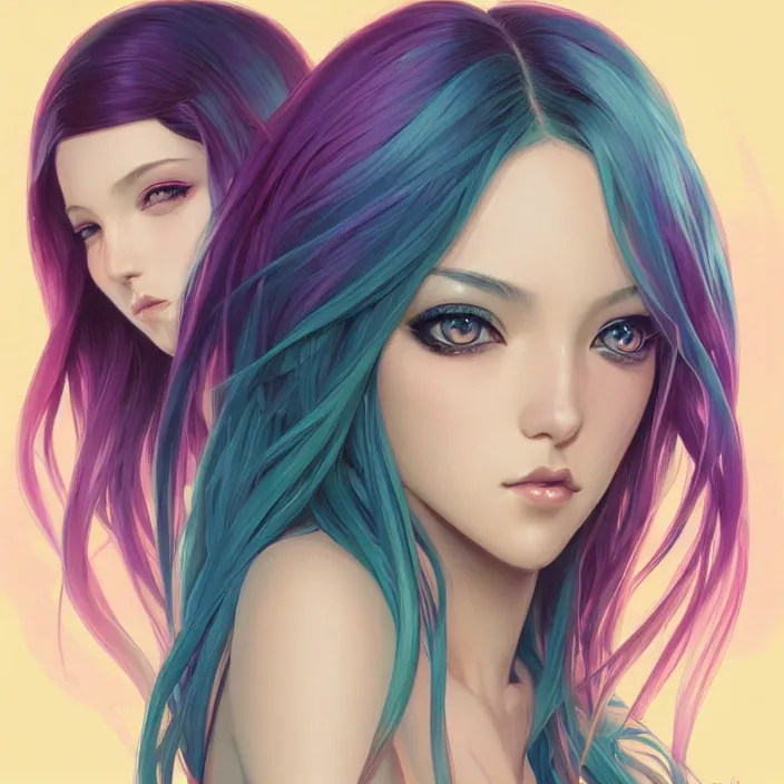 Image similar to portrait of beautiful symmetrical anime girl, rainbow hair, attractive, casual, modern, victoria's secret, highly detailed, digital painting, artstation, concept art, smooth, sharp focus, illustration, art by artgerm, greg rutkowski and alphonse mucha, 8 k,