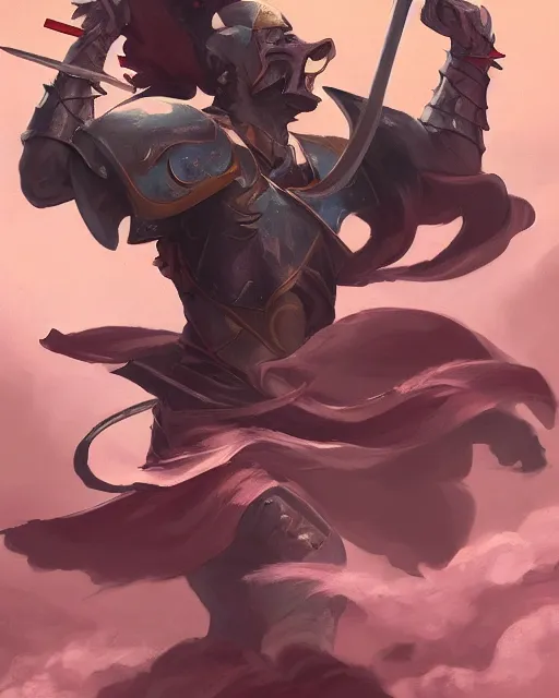 Image similar to action portrait of a magic knight fighting while casting spells with his swords, 4K trending on artstation by peter mohrbacher