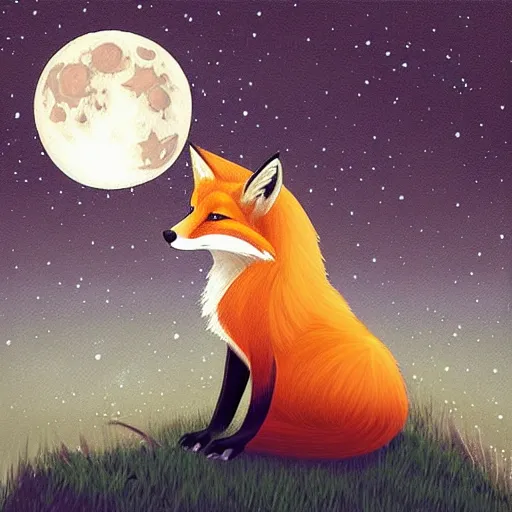 Image similar to “a fox sitting in the woods, looking up at the night sky. The moon shines brightly. digital art, painting, highly detailed”