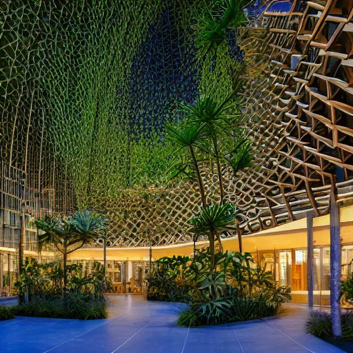 Image similar to The atrium of a refurbished contemporary building filled with tropical plants, project by Kengo Kuma, blue hour, 4k