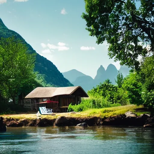 Image similar to A cottage on a river bank Surrounded by trees and mountains in the background and beach chairs in the foreground