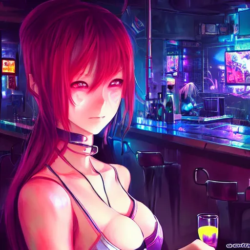 Prompt: Cute Anime Girl in a cyberpunk city bar, fully clothed, beautiful face, fantasy, medieval, vivid colors, elegant, concept art, sharp focus, digital art, Hyper-realistic, 4K, Unreal Engine, Highly Detailed, HD, Dramatic Lighting by Brom, trending on Artstation