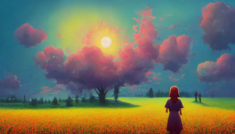 Image similar to girl with a flower face, surreal, dream, standing in flower field, hills, big trees, sunrise dramatic light, impressionist painting, colorful clouds, digital painting, pointillism, artstation, simon stalenhag