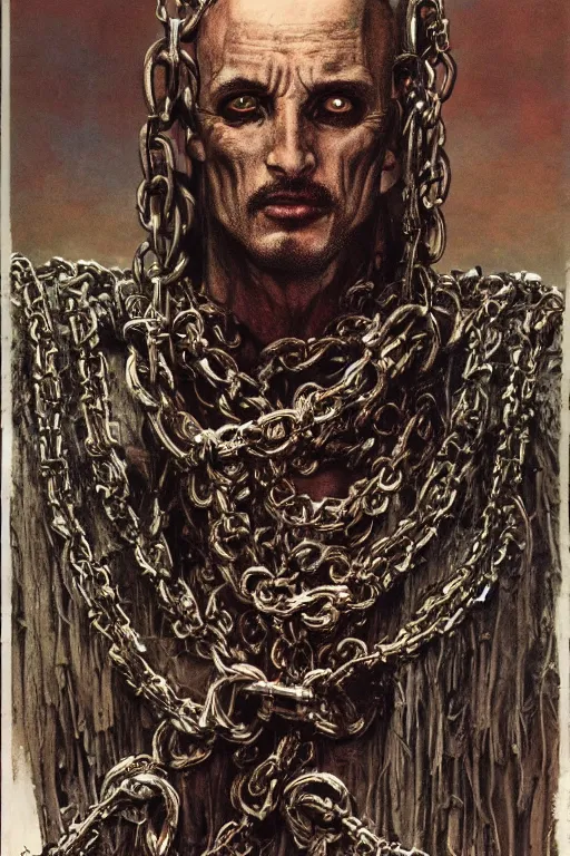 Image similar to michael gross, heavy metal magazine cover, 1 9 8 0 s, intricate leather and chains, atmospheric, realism, horror, grimy, sinister, highly detailed, high octane render, hd, anatomy, symmetrical body, symmetrical face, scary, cracked brick background, in the style of frank frazetta and moebius, peter mohrbacher and john william waterhouse