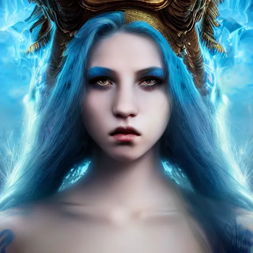 Image similar to The dragon girl portrait, portrait of young girl half dragon half human, dragon girl, dragon skin, dragon eyes, dragon crown, blue hair, long hair, highly detailed, cinematic lighting, Matte painting by David Lynch