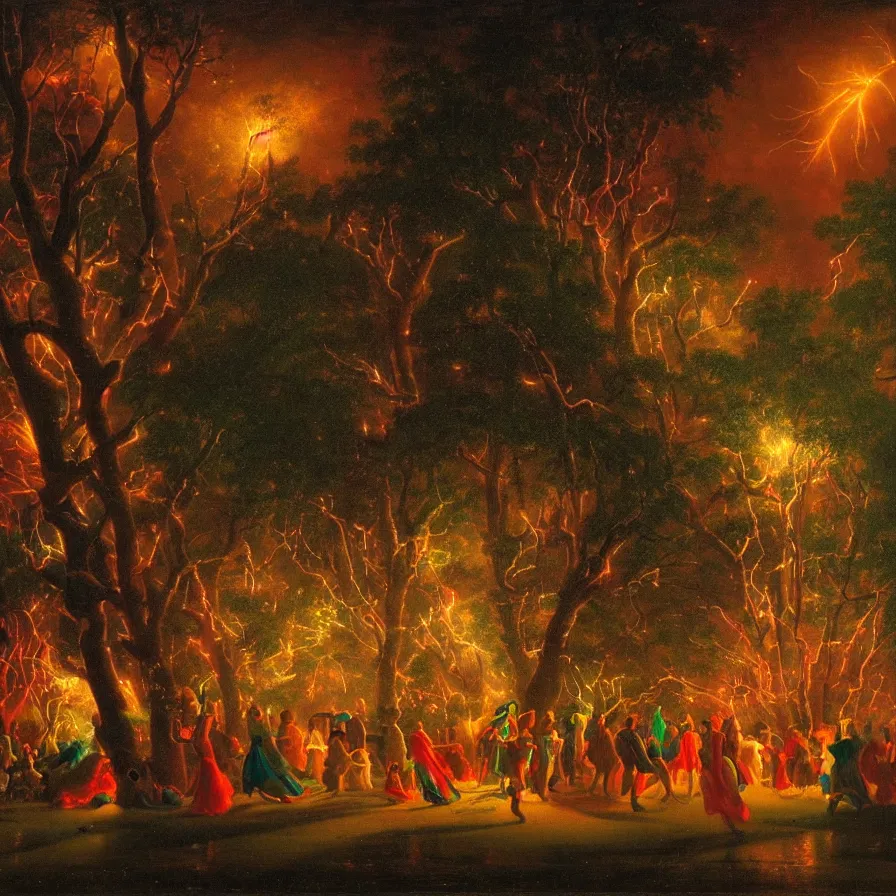 Prompt: closeup of a night carnival around a magical in a summer storm, tree cavity with a music scenario with many fireworks and christmas lights,, volumetric lightning, intense colored god rays in the sky, folklore people disguised with fantastic creatures in a magical forest by summer night, masterpiece painted by martin johnson heade, scene by dark night environment, refraction lights,