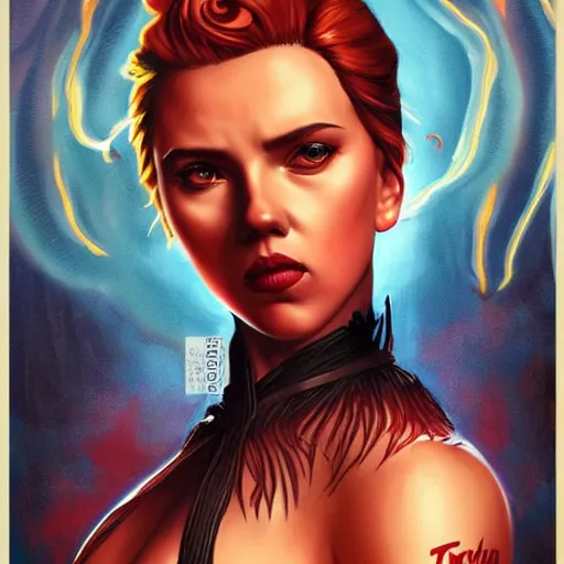 Image similar to lofi female demon portrait of scarlett johansson, fire and flame, big long hell serpent dragon, Pixar style, by Tristan Eaton Stanley Artgerm and Tom Bagshaw.