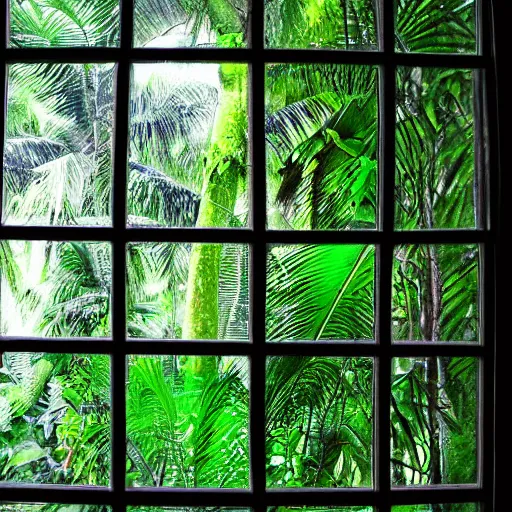 Image similar to A dslr picture with flash on of a window from in 2007, tropical rainforest outside