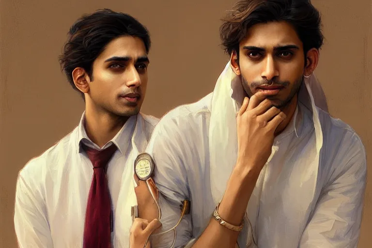 Image similar to Anxious good looking pale young Indian doctors wearing American clothes at the airport, portrait, elegant, intricate, digital painting, artstation, concept art, smooth, sharp focus, illustration, art by artgerm and greg rutkowski and alphonse mucha