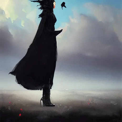 Image similar to morning, a woman in a black dress with a raven head. no face. sun, cinematic, clouds, vogue cover style, contracting colors mood, realistic painting, intricate oil painting, high detail, figurative art, poster art, by simon bisley, ismail inceoglu, wadim kashin, filip hodas. pixar theme.