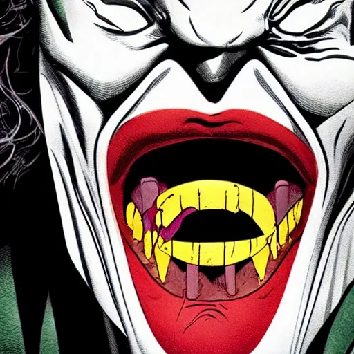 Image similar to batman inside the joker's mouth holding it open, high detail, high resolution, intense