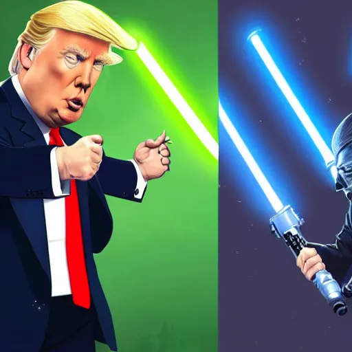 Prompt: donald trump wielding a lightsaber having a lightsaber battle with joe biden in the death star, dynamic lighting, highly detailed