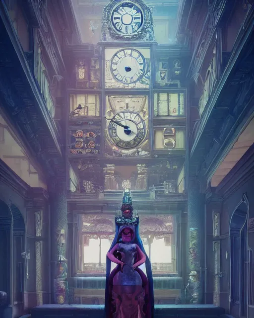 Image similar to highly detailed surreal vfx portrait of a cyberpunk queen in a majestic castle by grandfather clock, stephen bliss, unreal engine, greg rutkowski, loish, rhads, beeple, makoto shinkai and lois van baarle, ilya kuvshinov, rossdraws, tom bagshaw, alphonse mucha, global illumination, detailed and intricate environment