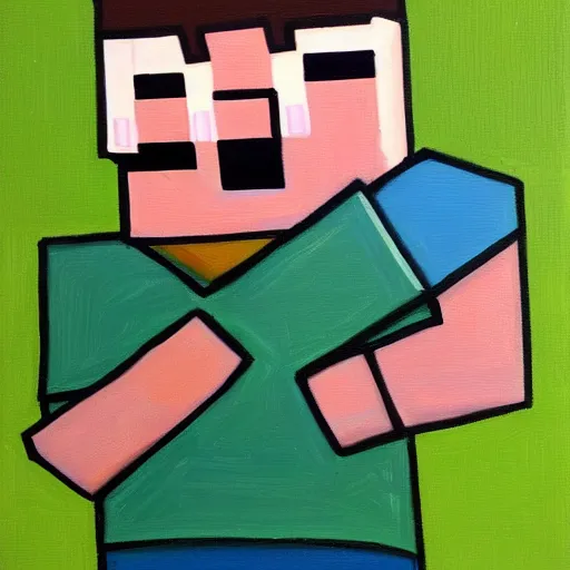 Prompt: a minecraft steve giving a hug to a minecraft creeper, oil on canvas