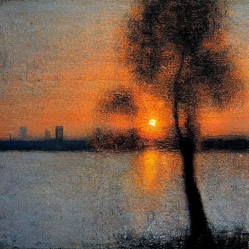 Prompt: sunrise over the dnipro river, by ivan marchuk