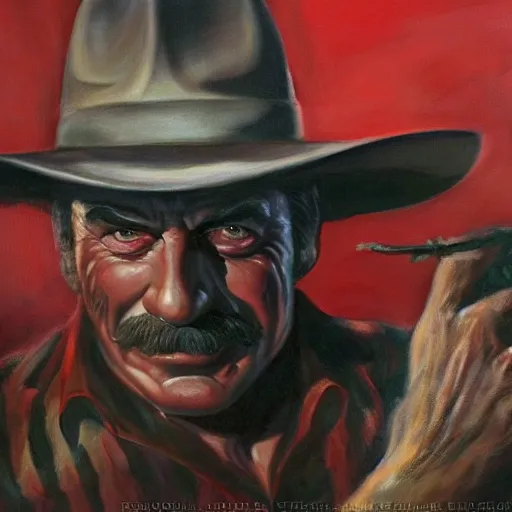 Prompt: ultra realistic portrait painting of tom selleck as freddy krueger, art by frank frazetta, 4 k, ultra realistic, highly detailed, epic lighting