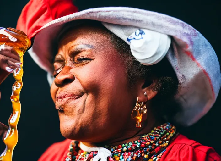 Prompt: photo still of aunt jemima in period attire at vans warped tour!!!!!!!! at age 4 0 years old 4 0 years of age!!!!!!! on stage pouring maple syrup on the crowd, 8 k, 8 5 mm f 1. 8, studio lighting, rim light, right side key light