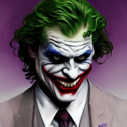 Image similar to [Rossi de Palma as the Joker, closeup, D&D, intricate, elegant, highly detailed, digital painting, artstation, concept art, matte, sharp focus, illustration, art by Artgerm and Greg Rutkowski and Alphonse Mucha]