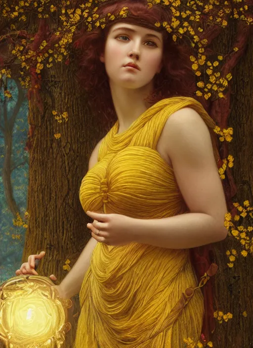 Prompt: intricate oil painting portrait by John William Godward and Anna Dittman depicting a female fantasy cleric in a bright temple surrounded by yellow spring forest and dead trees, evening, atmospheric lighting, intricate detail, cgsociety, hyperrealistic, octane render, RPG portrait, ambient light, dynamic lighting