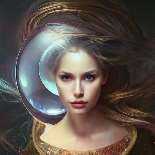 Prompt: crystal ball with a dreamscape inside, product studio photography, super highly detailed, professional digital painting, artstation, concept art, smooth, sharp focus, extreme illustration, unreal engine 5, photorealism, beautiful, cinematic, art by artgerm and rutkowski and alphonse mucha and loish and wlop