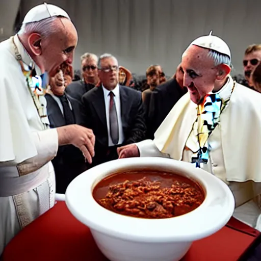 Prompt: the pope eating chili from a white toilet bowl, more toilets lined up next to him