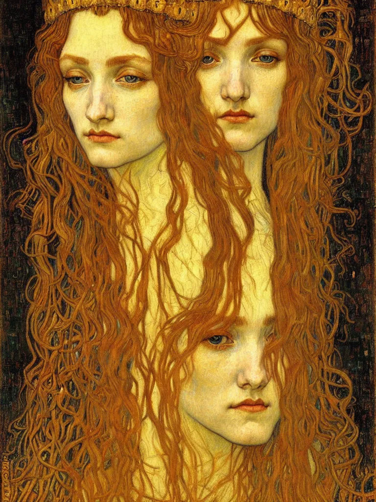 Image similar to detailed realistic beautiful young medieval queen face portrait by jean delville, gustav klimt and vincent van gogh, art nouveau, symbolist, visionary, gothic, pre - raphaelite, muted earthy colors, desaturated