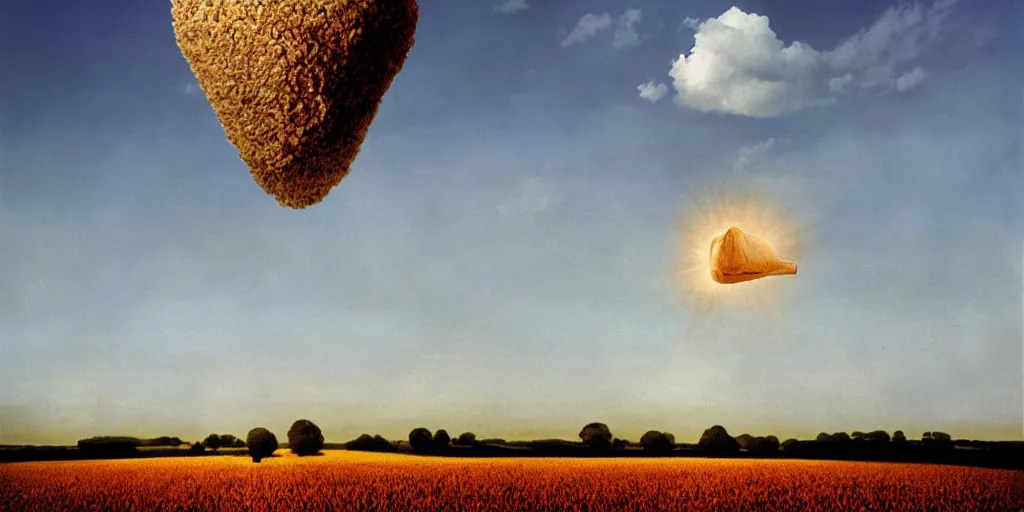 Image similar to hipgnosis storm thorgerson artwork a giant ear floating above a field in england at sunrise