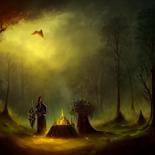 Prompt: great funeral for a fallen lord knight, many small trees and bushes in fire on background, night scene, angel flying down from sky, victorian town far away, high details, high quality, cinematic, fantasy, trending on artstation