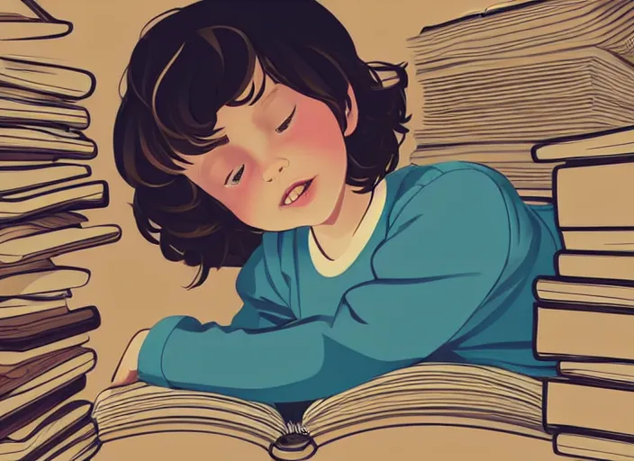 Prompt: a little girl with short wavy curly light brown hair is asleep in pile of books. clean cel shaded vector art. shutterstock. behance hd by lois van baarle, artgerm, helen huang, by makoto shinkai and ilya kuvshinov, rossdraws, illustration, art by ilya kuvshinov