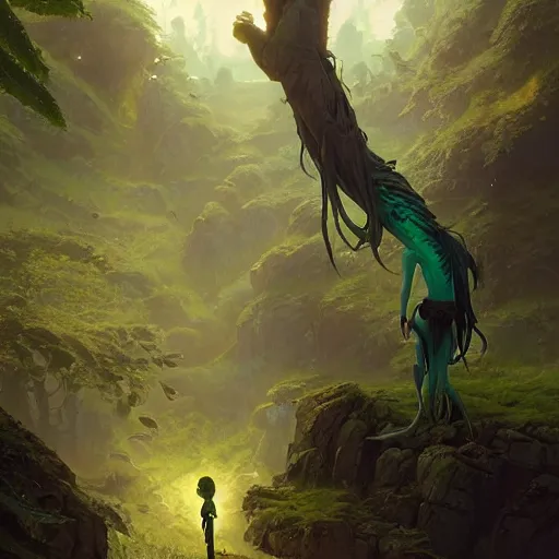 Image similar to green creature with long fingers disguised as a human, unreal engine, fantasy art by greg rutkowski, loish, rhads, ferdinand knab, makoto shinkai and lois van baarle, ilya kuvshinov, rossdraws, tom bagshaw, global illumination, radiant light, detailed and intricate environment