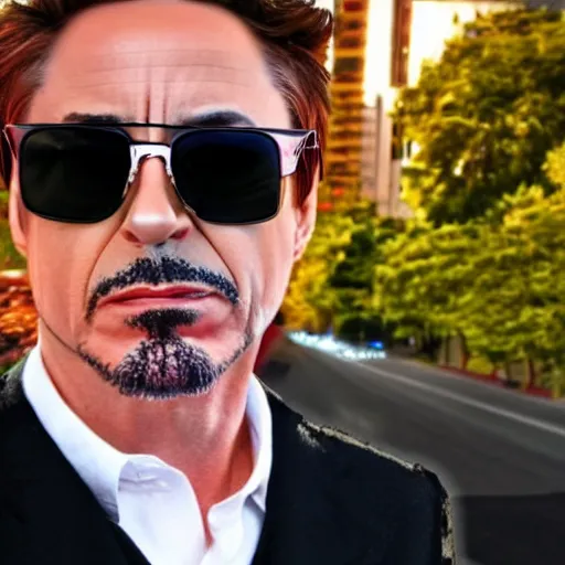 Image similar to bodycam photo of robert downey jr. running from a police officer, wide angle, fisheye, uhd, 8 k, bodycam, award winning,