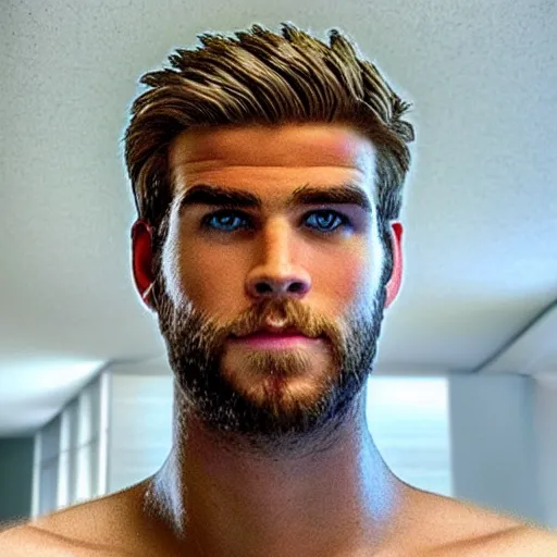 Image similar to “ a realistic detailed photo of a guy who is an attractive humanoid who is half robot and half humanoid, who is a male android, actor liam hemsworth, shiny skin, posing like a statue, blank stare, at the museum, on display ”