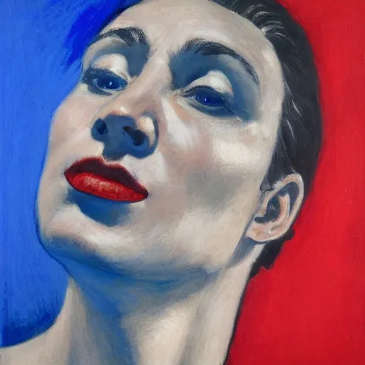 Prompt: profile portrait in maori realist style ( 1 9 5 4 ), ultramarine blue, venetian red, titanium white, lit from below, detailed, expressive, shadows