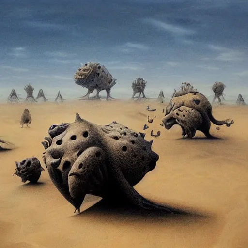 Image similar to a hyperrealistic painting of creatures emerging from the sand in a vast desert, blue skies, swirling clouds, by john kenn mortensen and zdzislaw beksinski, highly detailed, vivid color,