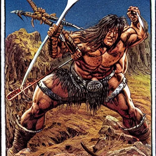 Prompt: “ conan the barbarian holds a battle axe up to a giant spider, with red eyes ” val semeiks, barry windsor smith, john buscema, ernie chan, earl norem.