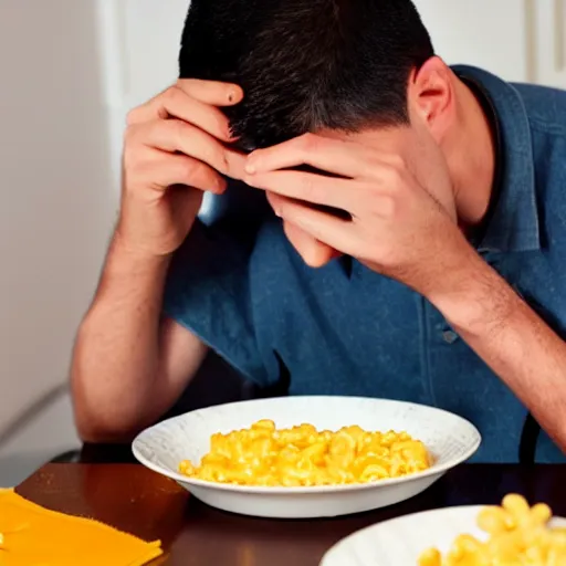 Prompt: man vomiting kraft mac and cheese