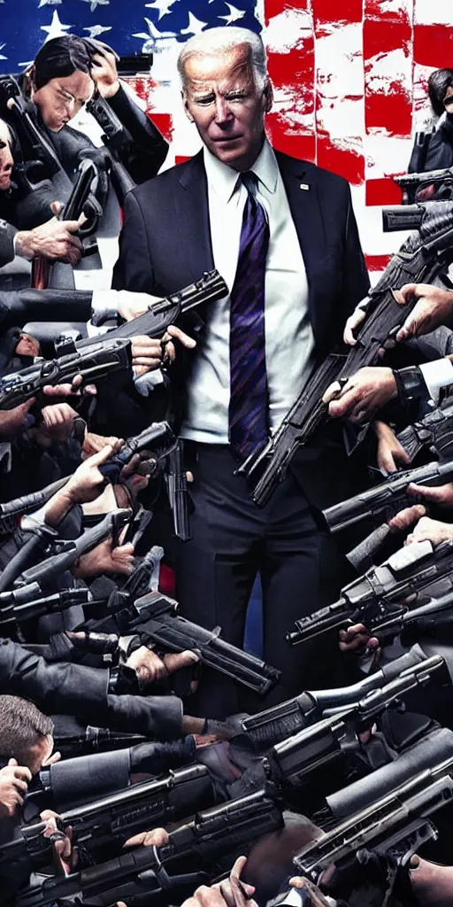 Prompt: joe biden as john wick, surrounded by guns at point blank. movie poster. action. in theatres now 2 0 2 2.