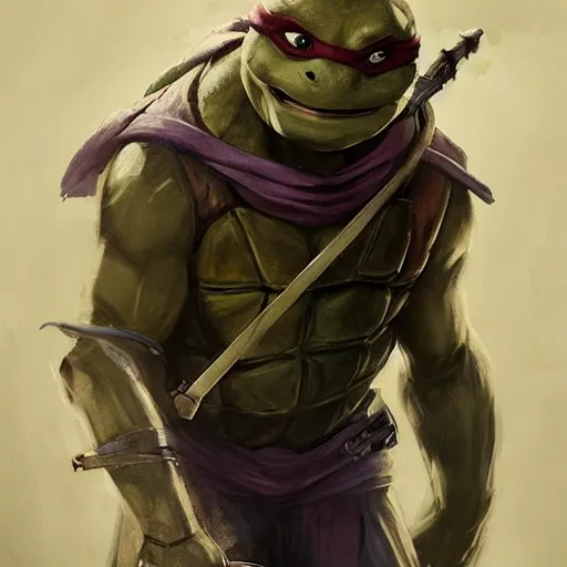 Image similar to portrait painting of our it guy, teenage mutant ninja turtle donatello, painted by greg rutkowski, dishonored 2