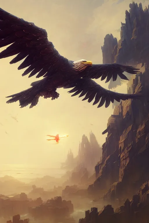 Image similar to robot eagle flying up on the victorian city, extremely detailed digital painting, in the style of fenghua zhong and ruan jia and jeremy lipking and peter mohrbacher, mystical colors, rim light, beautiful lighting, 8 k, stunning scene, raytracing, octane, trending on artstation