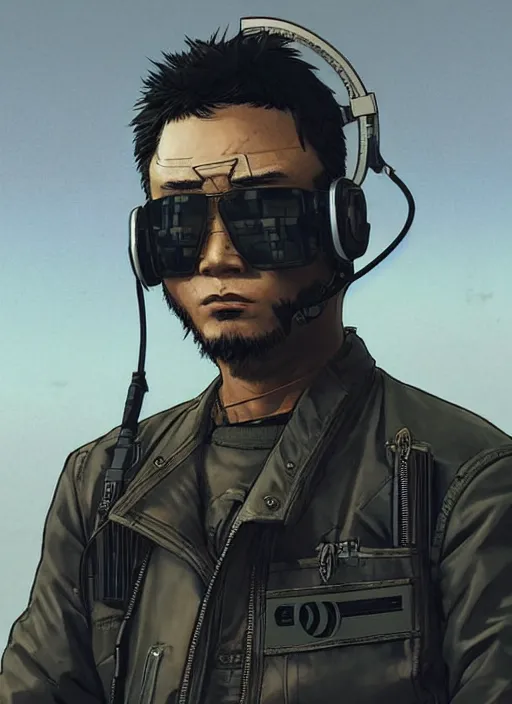 Image similar to Smug Hiro. nimble Japanese cyberpunk mercenary wearing a cyberpunk tactical headset and military vest. square face. Realistic Proportions. Concept art by James Gurney and Laurie Greasley. Moody Industrial skyline. ArtstationHQ. Creative character design for cyberpunk 2077.